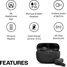 Load image into Gallery viewer, JBL Wave Beam TWS, 32Hr Playtime, IP54, Smart Ambient &amp; TalkThru Mode, App Bluetooth  (Black, In the Ear)
